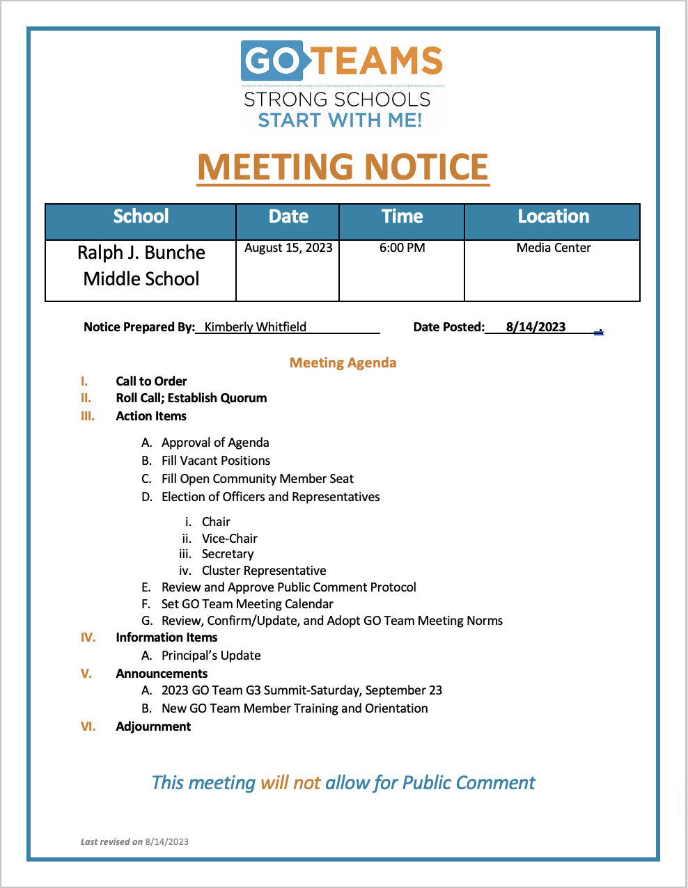 GO Team Meeting Flyer. August  at 6:00 PM